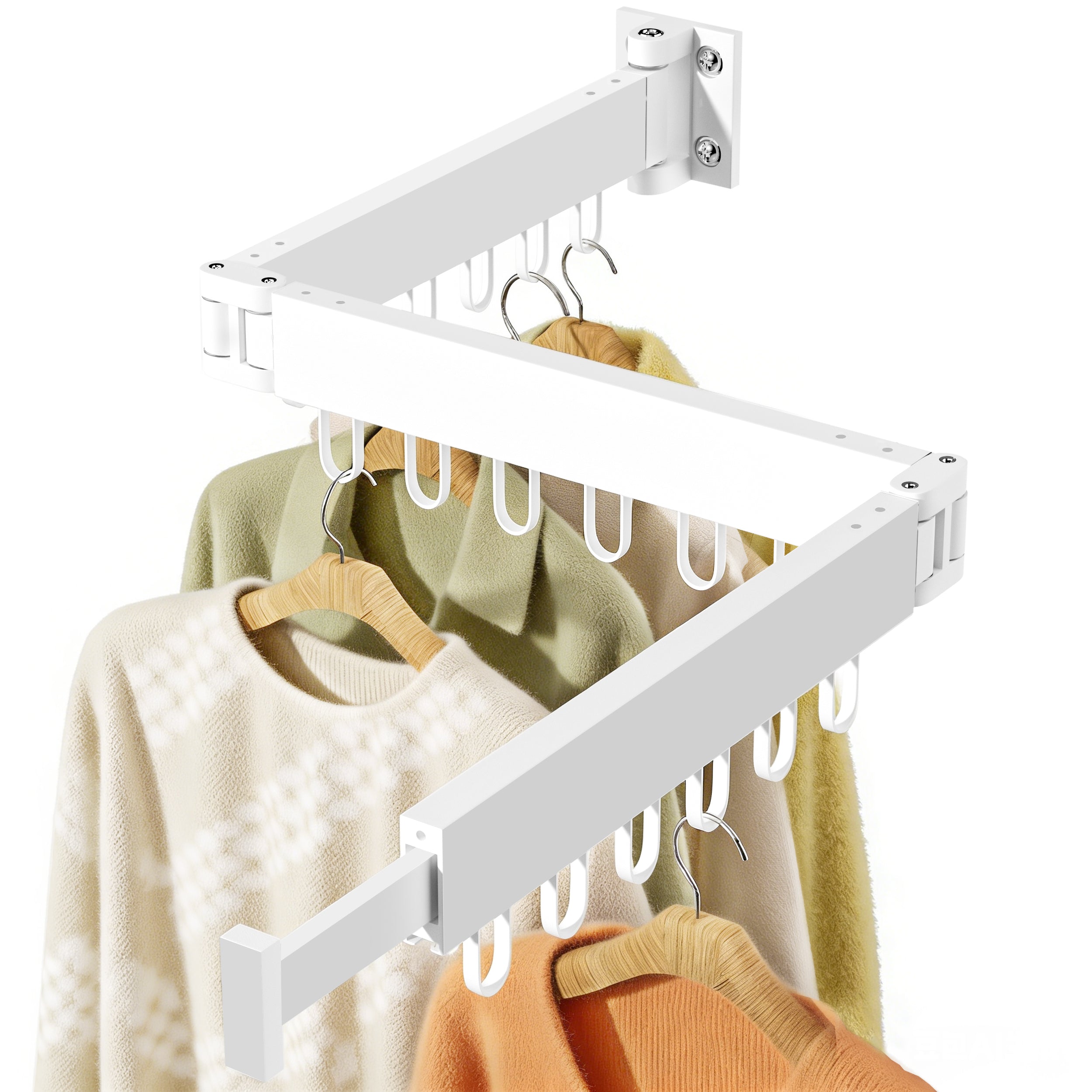 JAUREE Clothes Drying Rack Wall Mounted, Space-Saving Drying Rack Clothing, Collapsible Foldable Retractable Laundry Rack with 18 Hooks, Indoor/Outdoor, White