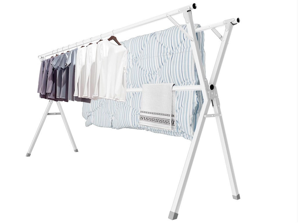 JAUREE 95 Inches Clothes Drying Rack, Drying Rack Clothing Folding Indoor Outdoor, Heavy Duty Stainless Steel Laundry Drying Rack, Foldable Portable Clothes Rack Garment Rack with 20 Hooks White