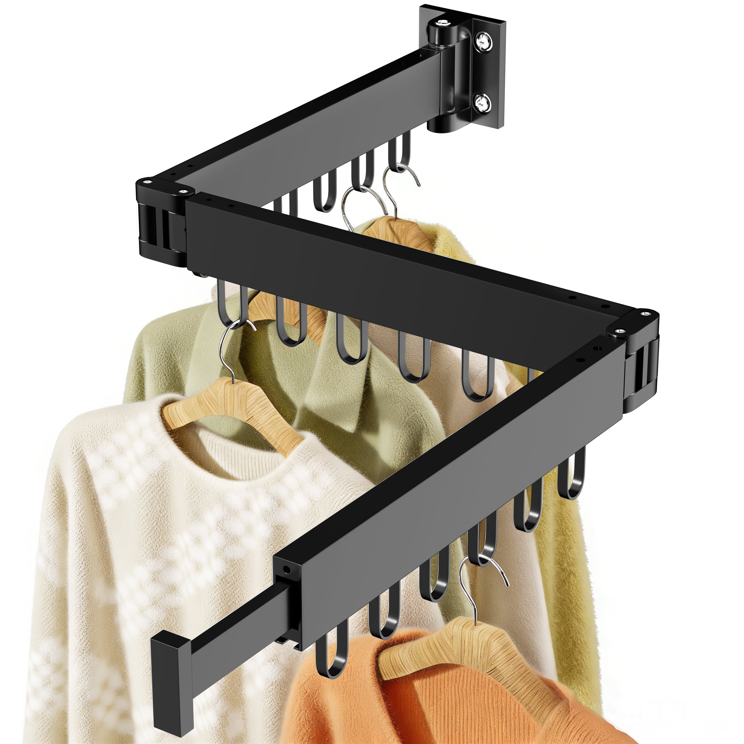 JAUREE Clothes Drying Rack Wall Mounted, Space-Saving Drying Rack Clothing, Collapsible Foldable Retractable Laundry Rack with 18 Hooks, Indoor/Outdoor, Black