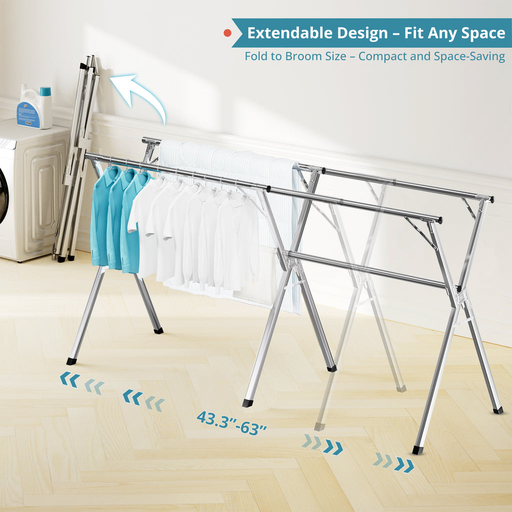 JAUREE 63 Inches Clothes Drying Rack, Drying Rack Clothing Folding Indoor Outdoor, Heavy Duty Stainless Steel Laundry Rack, Foldable Portable Large Clothes Rack Garment Rack with 20 Windproof Hooks