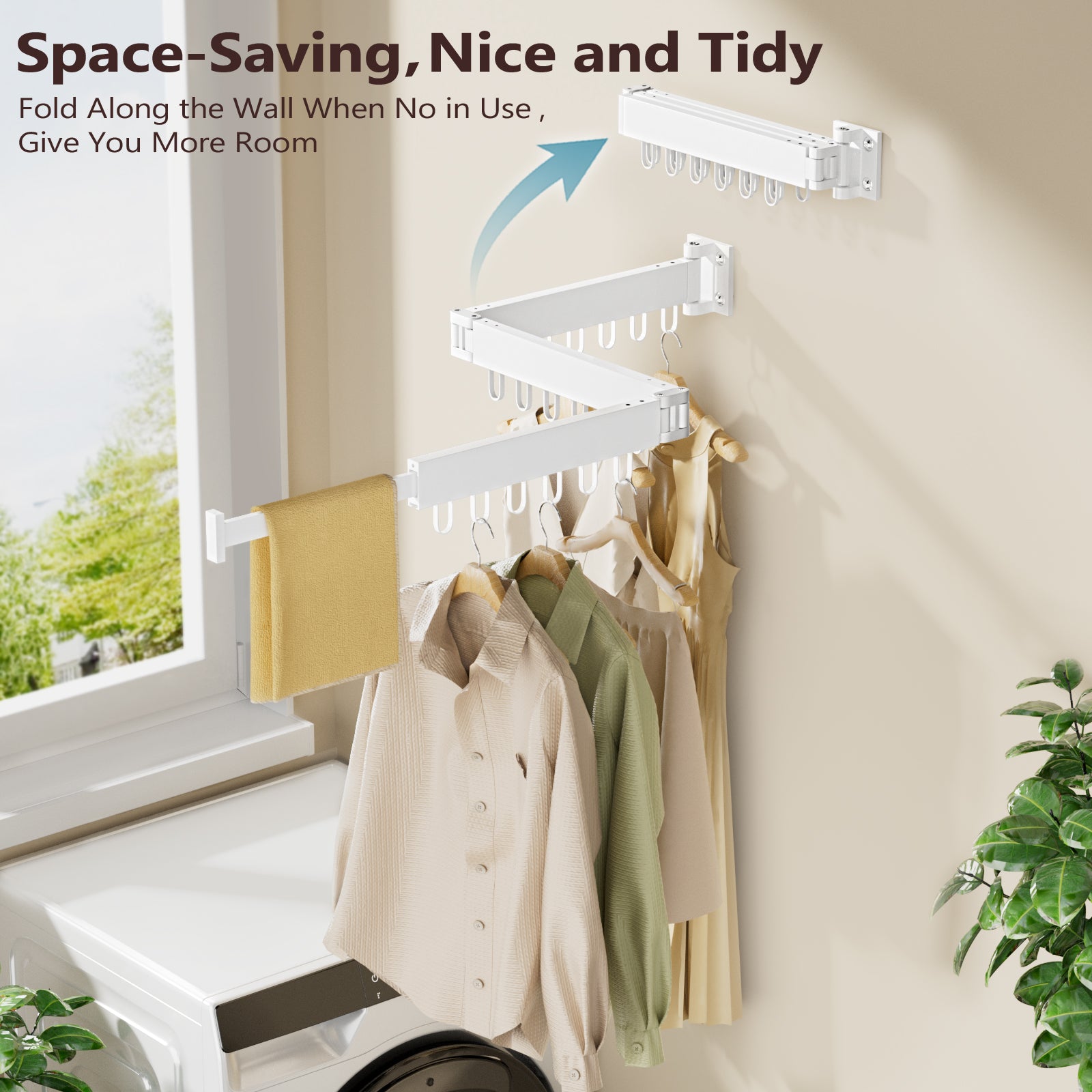 JAUREE Clothes Drying Rack Wall Mounted, Space-Saving Drying Rack Clothing, Collapsible Foldable Retractable Laundry Rack with 18 Hooks, Indoor/Outdoor, White