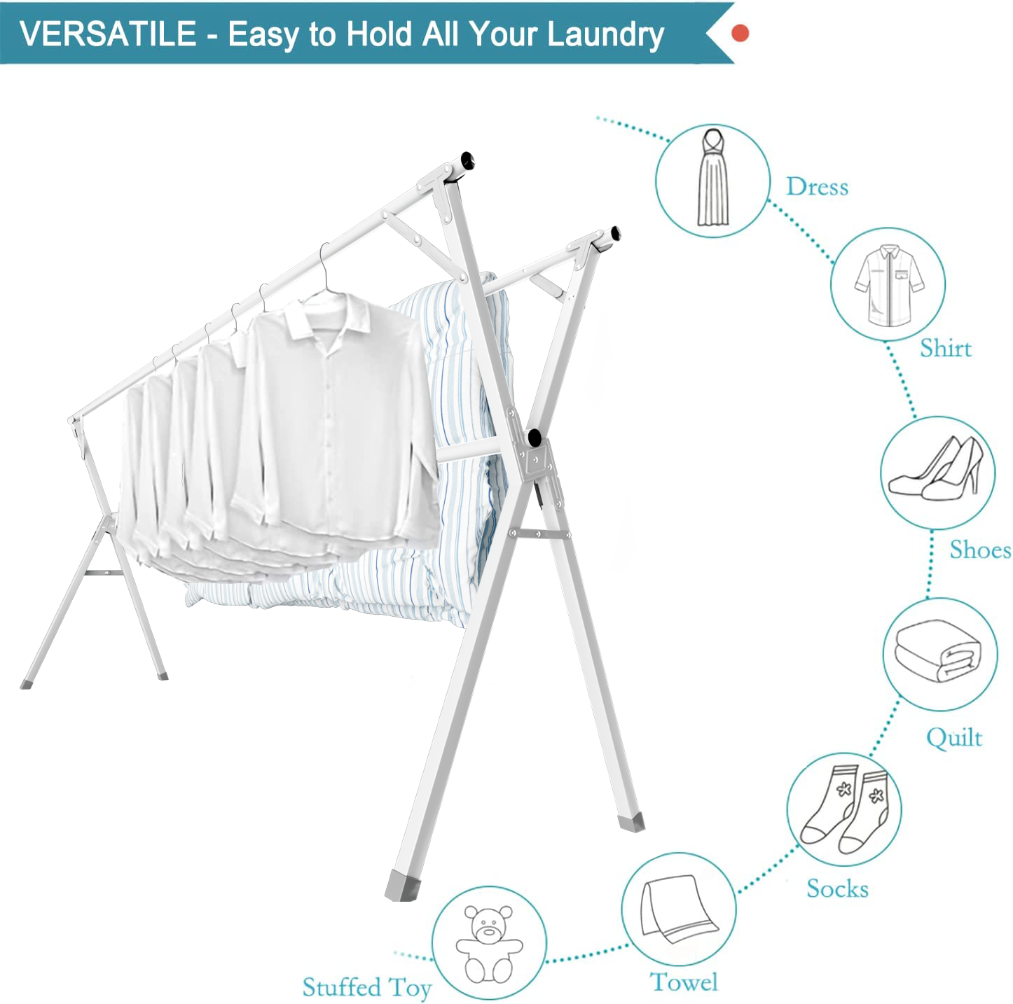 JAUREE 95 Inches Clothes Drying Rack, Drying Rack Clothing Folding Indoor Outdoor, Heavy Duty Stainless Steel Laundry Drying Rack, Foldable Portable Clothes Rack Garment Rack with 20 Hooks White