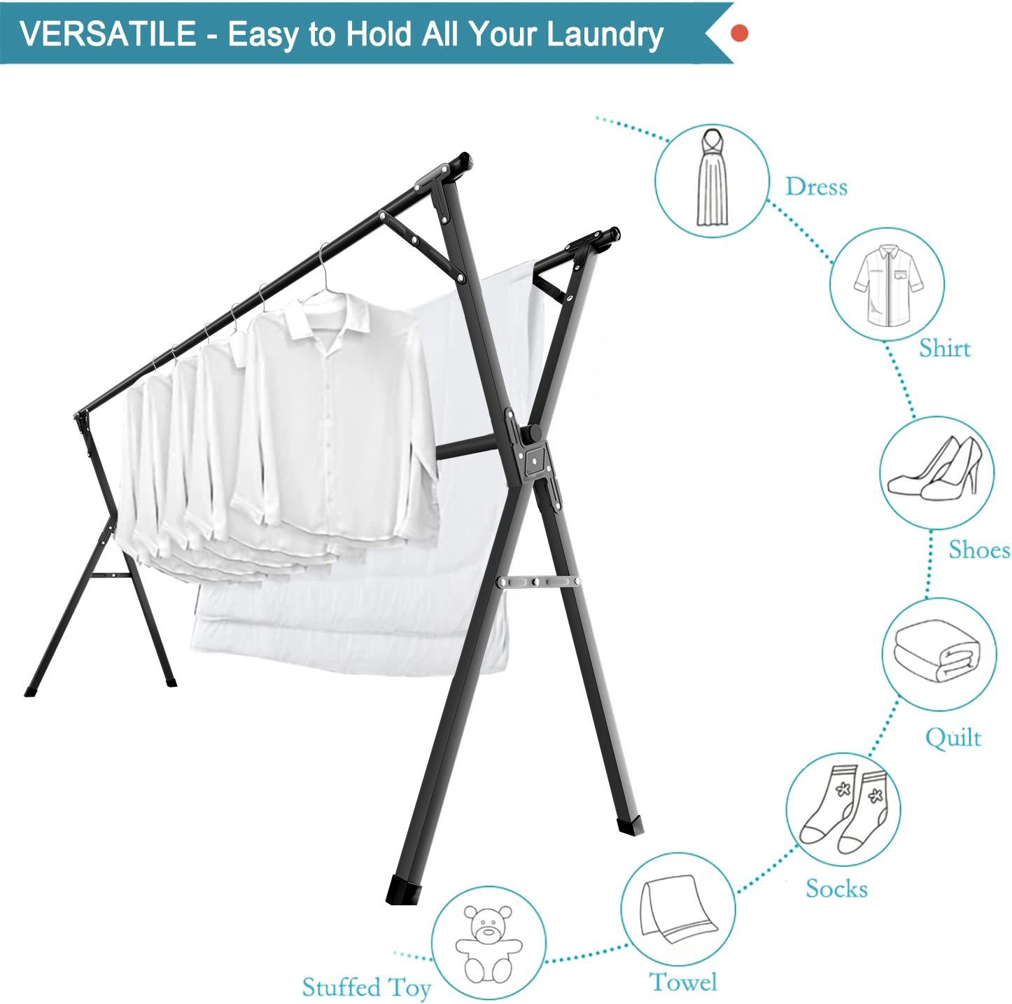 JAUREE 95 Inches Clothes Drying Rack, Drying Rack Clothing Folding Indoor Outdoor, Heavy Duty Stainless Steel Laundry Drying Rack, Foldable Portable Clothes Rack Garment Rack with 20 Hooks Black