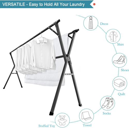 JAUREE 95 Inches Clothes Drying Rack, Drying Rack Clothing Folding Indoor Outdoor, Heavy Duty Stainless Steel Laundry Drying Rack, Foldable Portable Clothes Rack Garment Rack with 20 Hooks Black