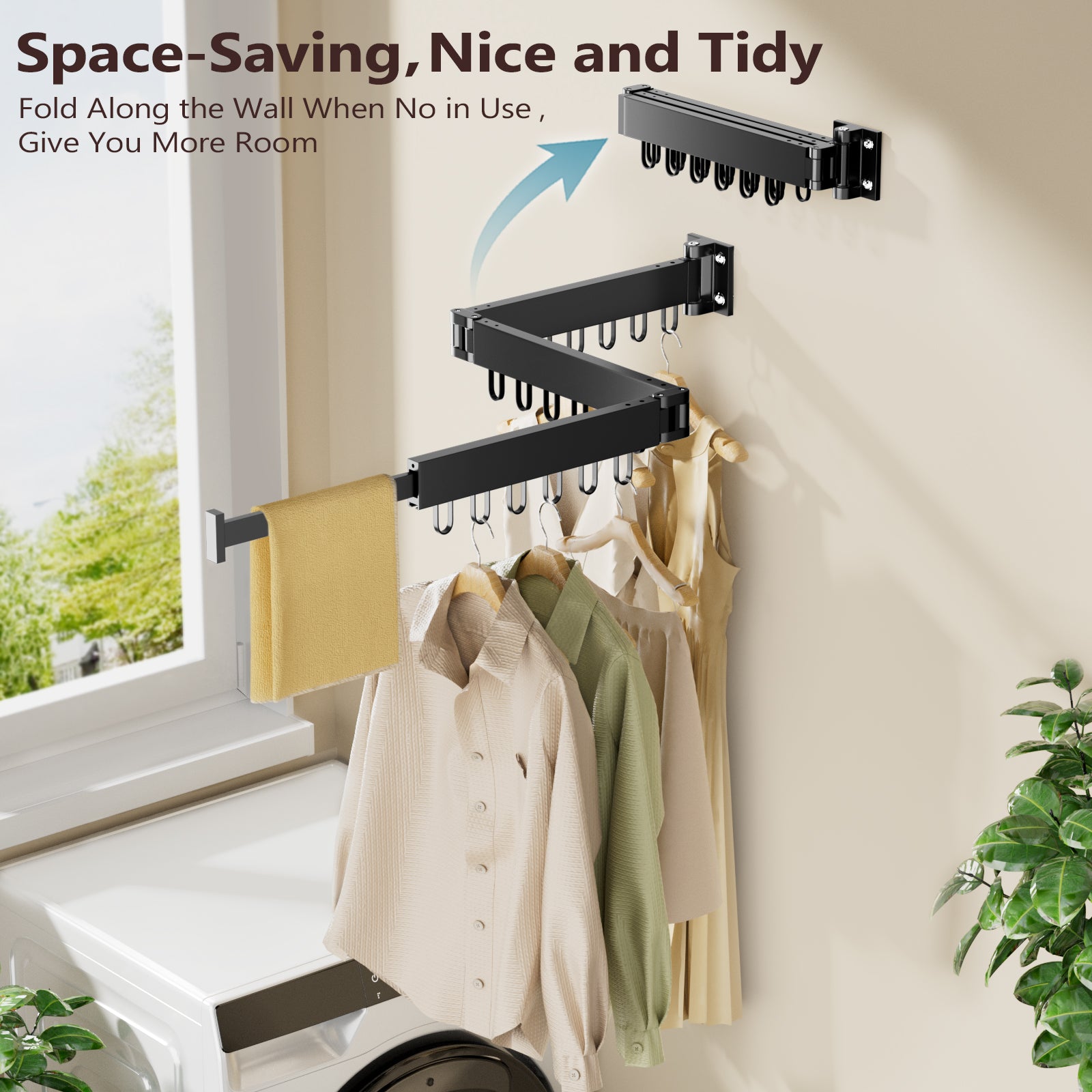 JAUREE Clothes Drying Rack Wall Mounted, Space-Saving Drying Rack Clothing, Collapsible Foldable Retractable Laundry Rack with 18 Hooks, Indoor/Outdoor, Black