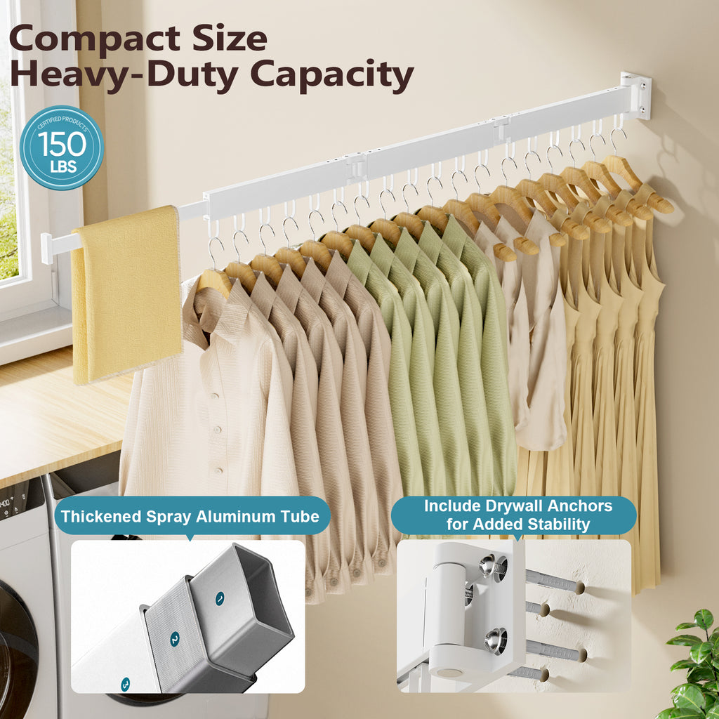 JAUREE Clothes Drying Rack Wall Mounted, Space-Saving Drying Rack Clothing, Collapsible Foldable Retractable Laundry Rack with 18 Hooks, Indoor/Outdoor, White