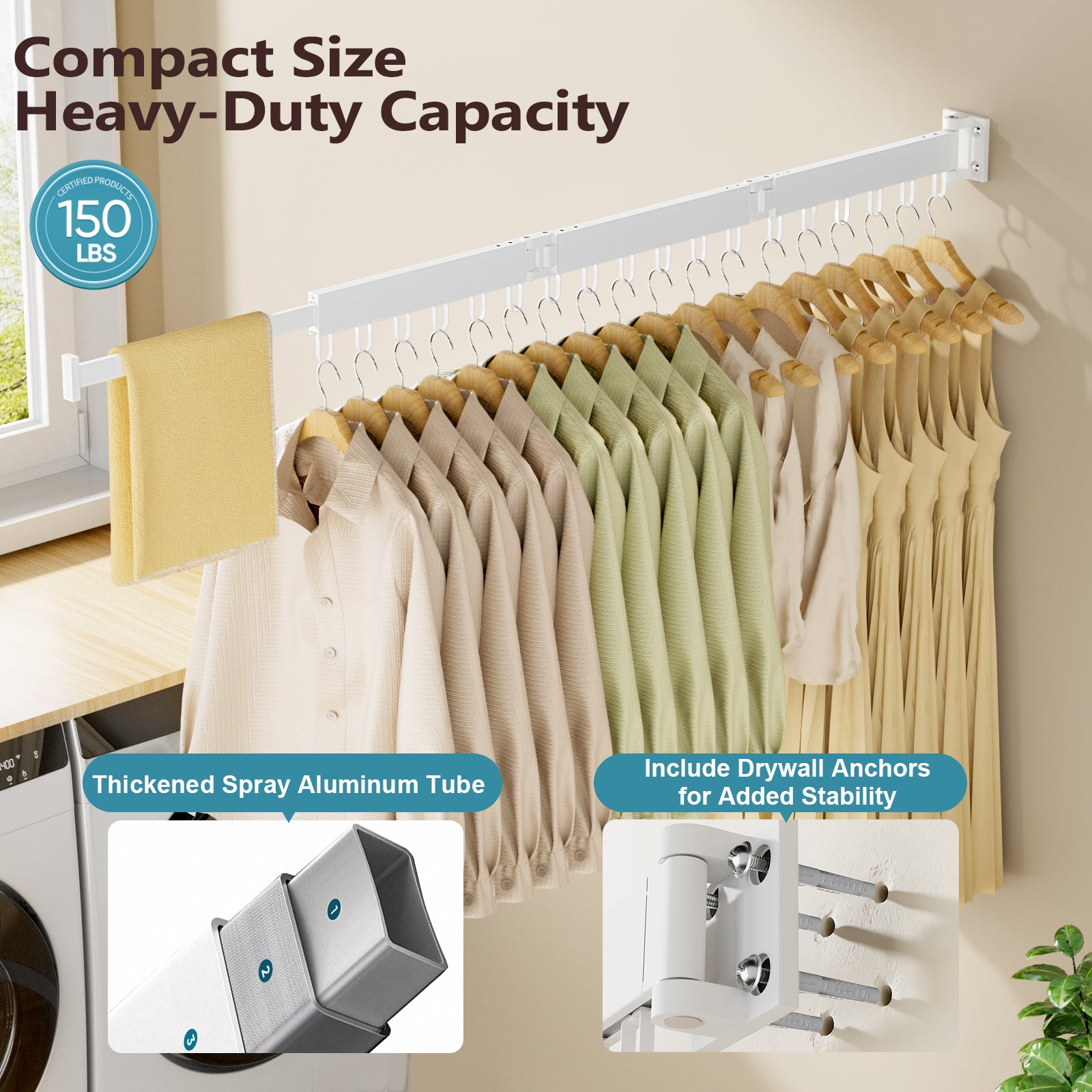 JAUREE Clothes Drying Rack Wall Mounted, Space-Saving Drying Rack Clothing, Collapsible Foldable Retractable Laundry Rack with 18 Hooks, Indoor/Outdoor, White