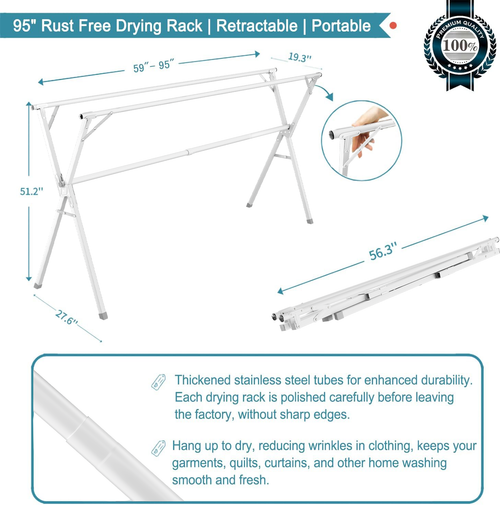 JAUREE 95 Inches Clothes Drying Rack, Drying Rack Clothing Folding Indoor Outdoor, Heavy Duty Stainless Steel Laundry Drying Rack, Foldable Portable Clothes Rack Garment Rack with 20 Hooks White