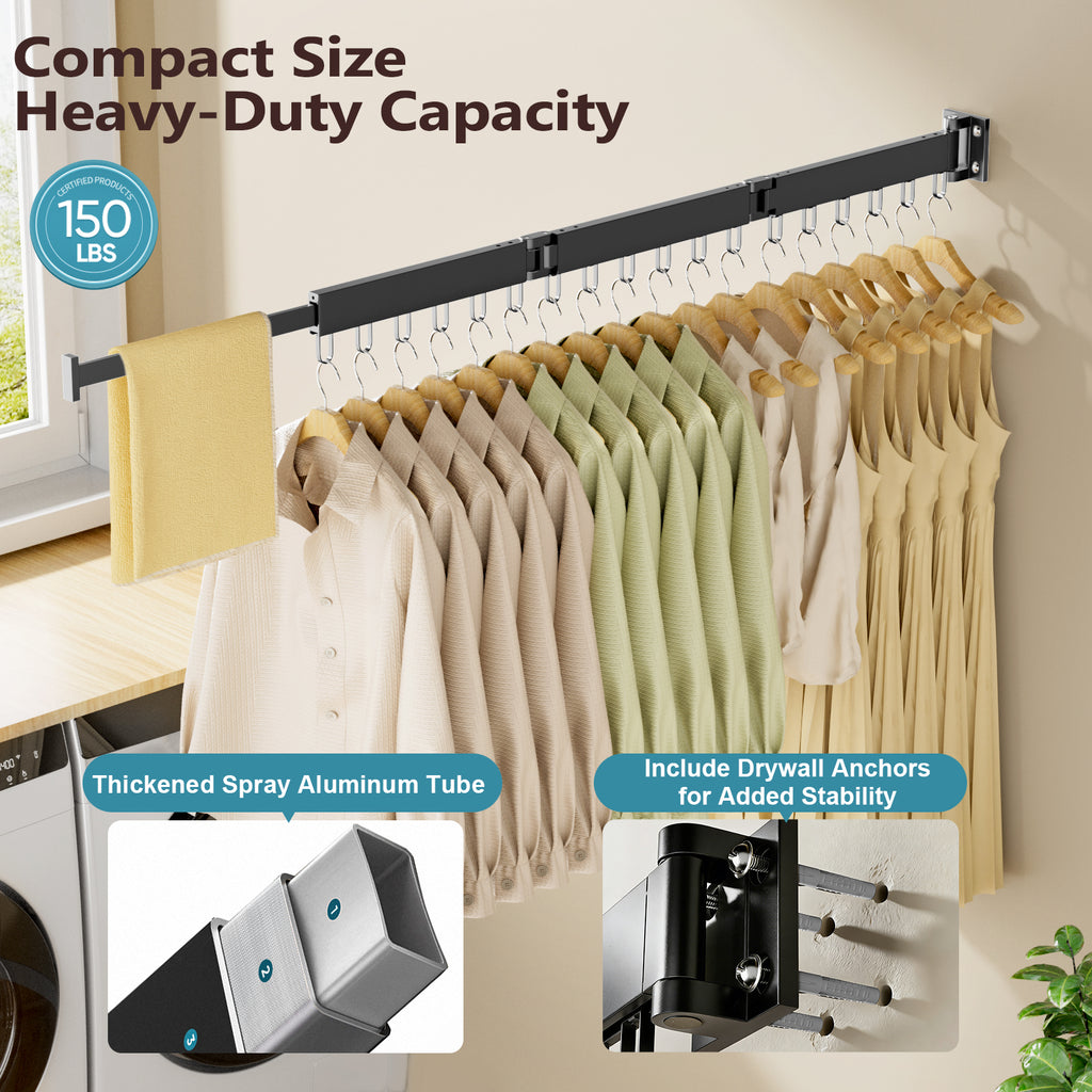 JAUREE Clothes Drying Rack Wall Mounted, Space-Saving Drying Rack Clothing, Collapsible Foldable Retractable Laundry Rack with 18 Hooks, Indoor/Outdoor, Black