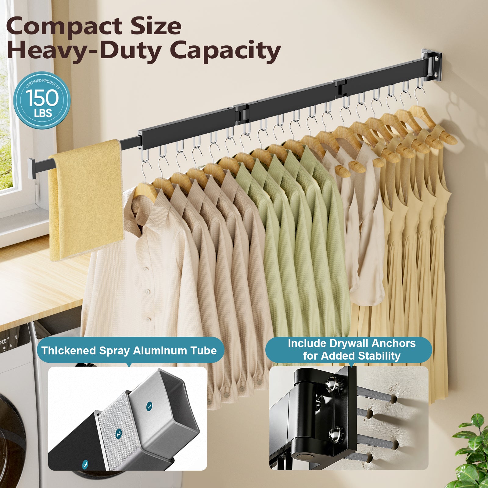 JAUREE Clothes Drying Rack Wall Mounted, Space-Saving Drying Rack Clothing, Collapsible Foldable Retractable Laundry Rack with 18 Hooks, Indoor/Outdoor, Black