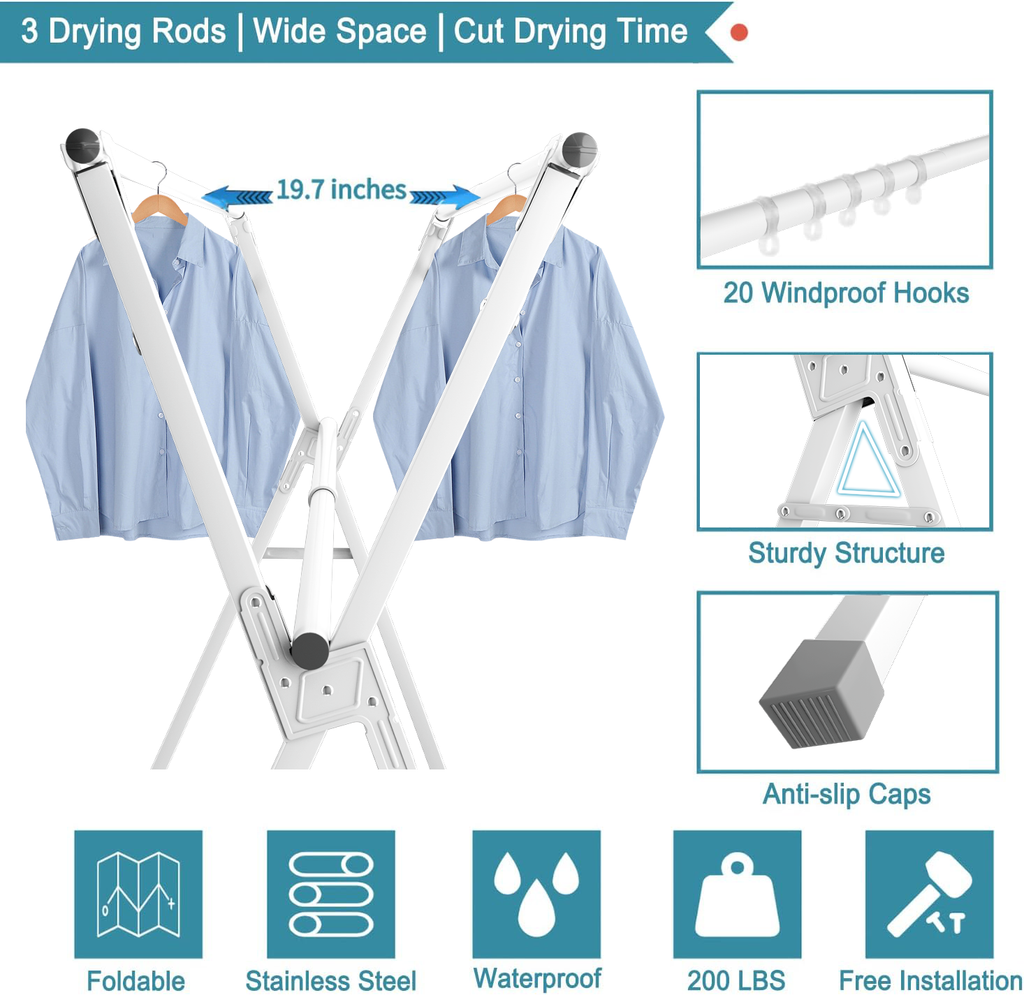 JAUREE 95 Inches Clothes Drying Rack, Drying Rack Clothing Folding Indoor Outdoor, Heavy Duty Stainless Steel Laundry Drying Rack, Foldable Portable Clothes Rack Garment Rack with 20 Hooks White