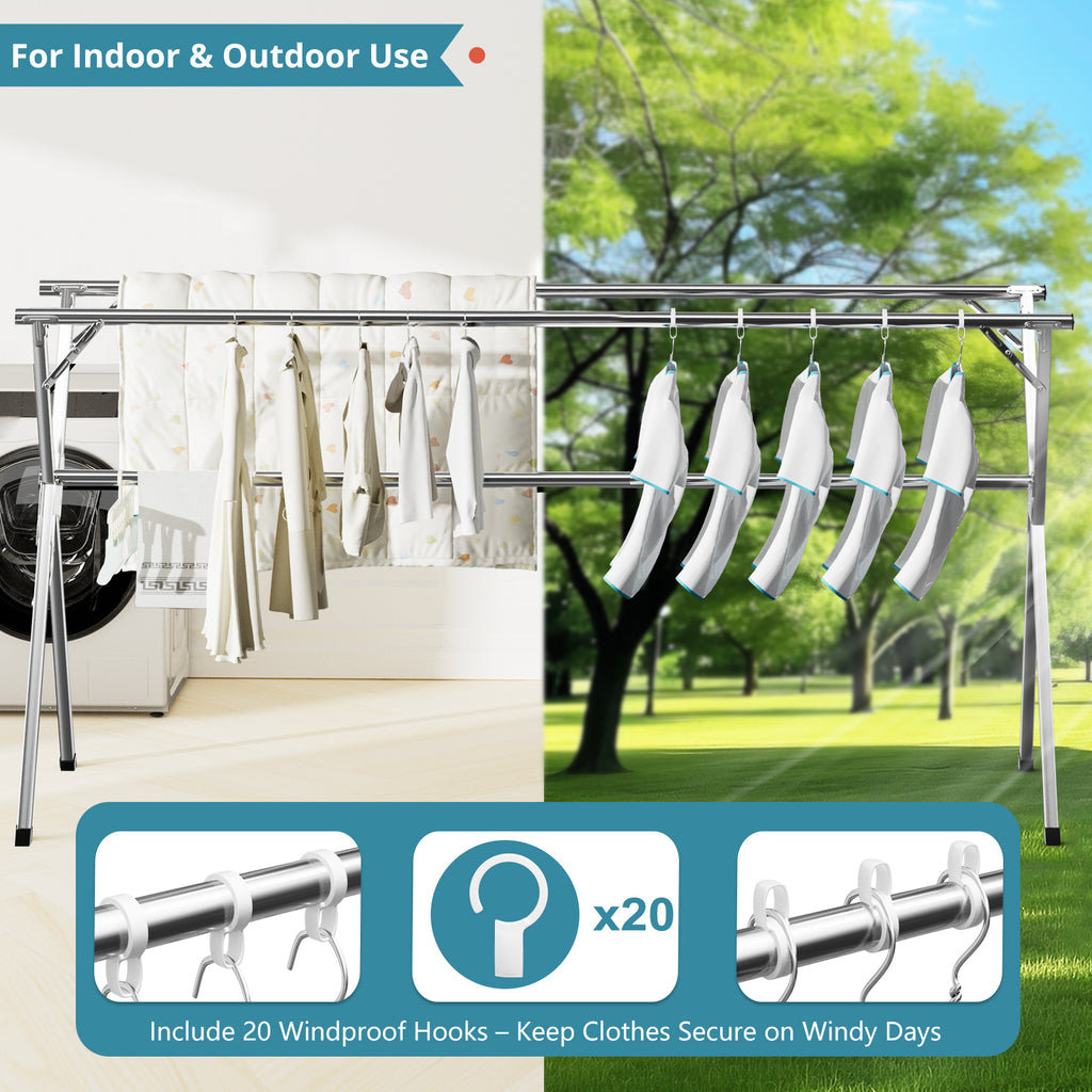 JAUREE 63 Inches Clothes Drying Rack, Drying Rack Clothing Folding Indoor Outdoor, Heavy Duty Stainless Steel Laundry Rack, Foldable Portable Large Clothes Rack Garment Rack with 20 Windproof Hooks