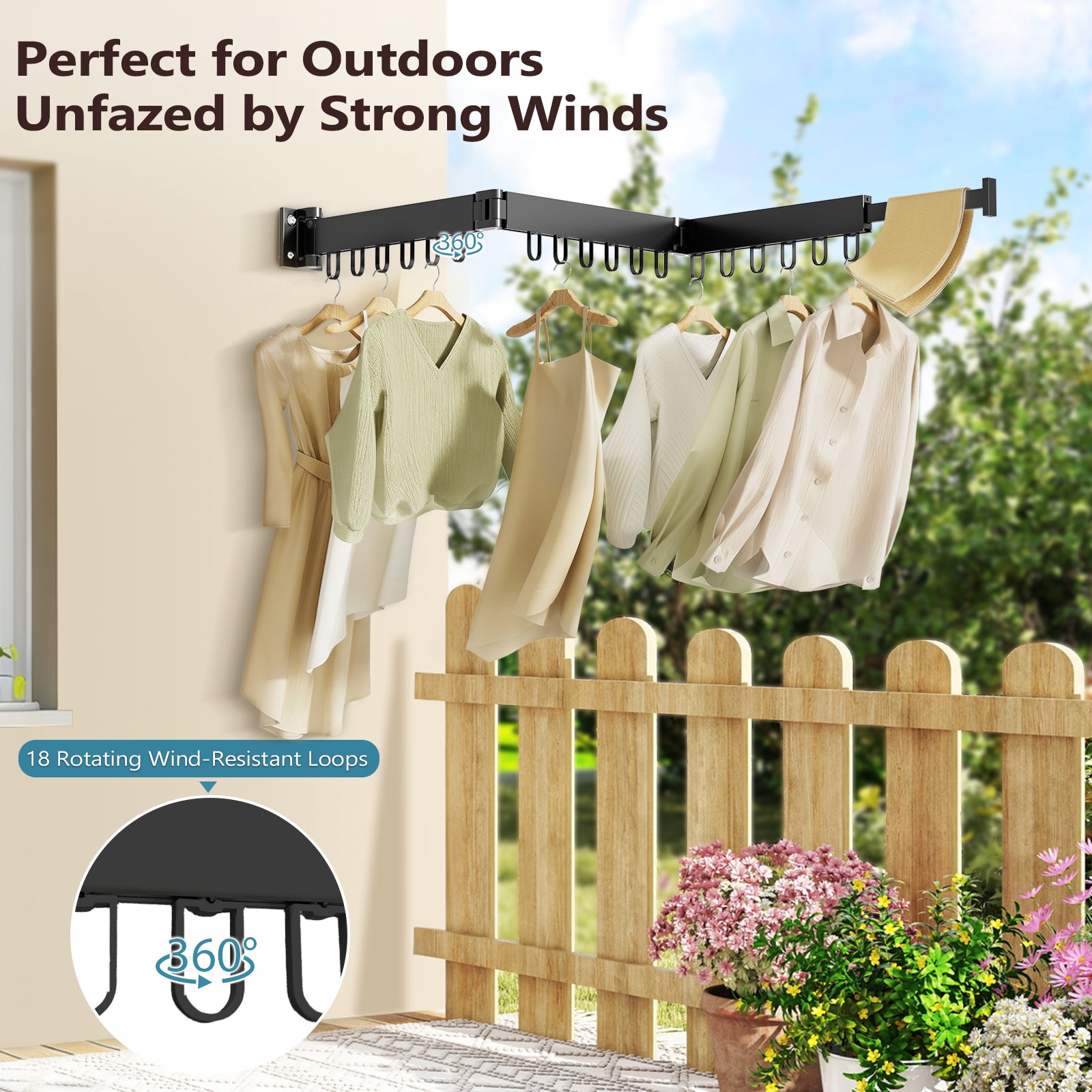 JAUREE Clothes Drying Rack Wall Mounted, Space-Saving Drying Rack Clothing, Collapsible Foldable Retractable Laundry Rack with 18 Hooks, Indoor/Outdoor, Black