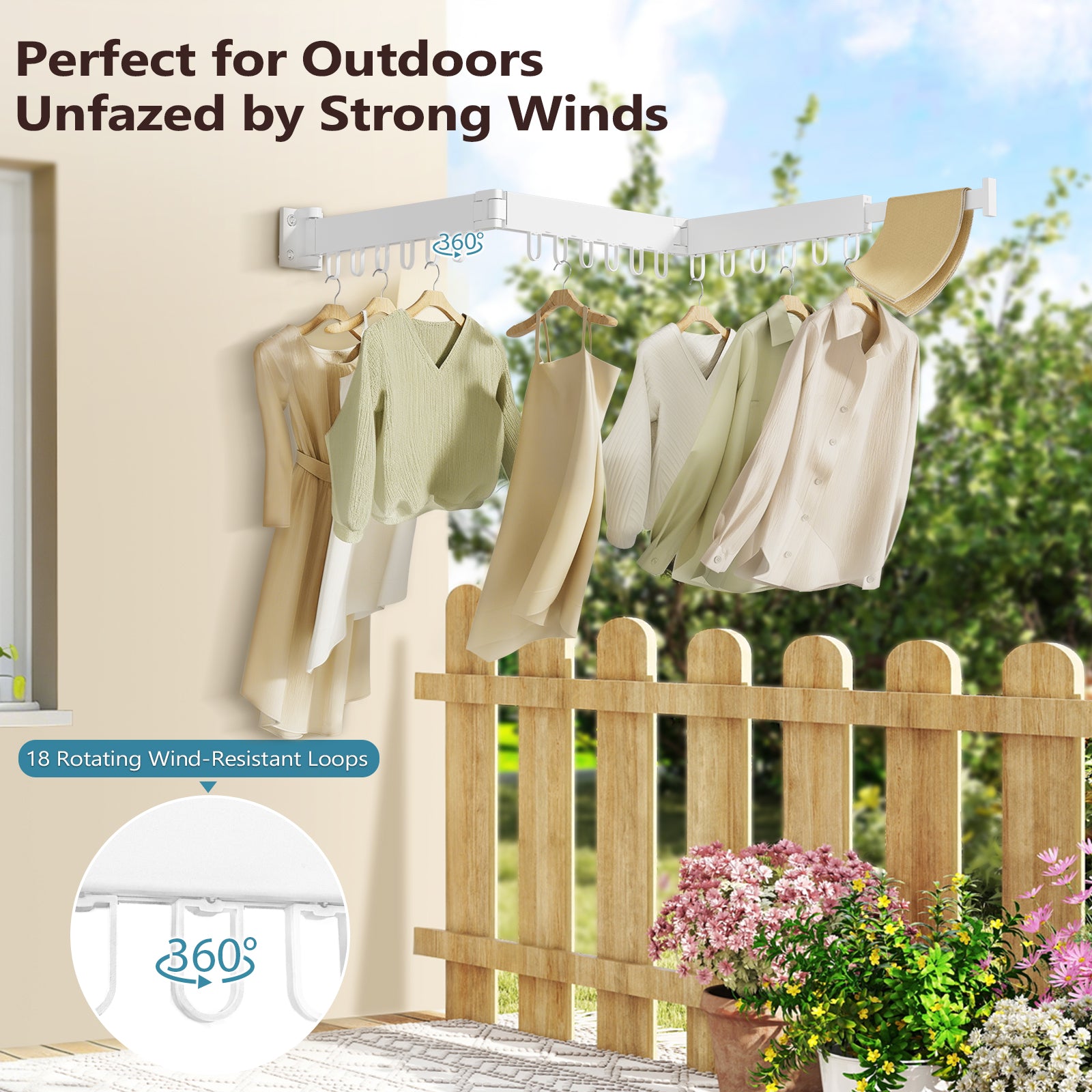 JAUREE Clothes Drying Rack Wall Mounted, Space-Saving Drying Rack Clothing, Collapsible Foldable Retractable Laundry Rack with 18 Hooks, Indoor/Outdoor, White