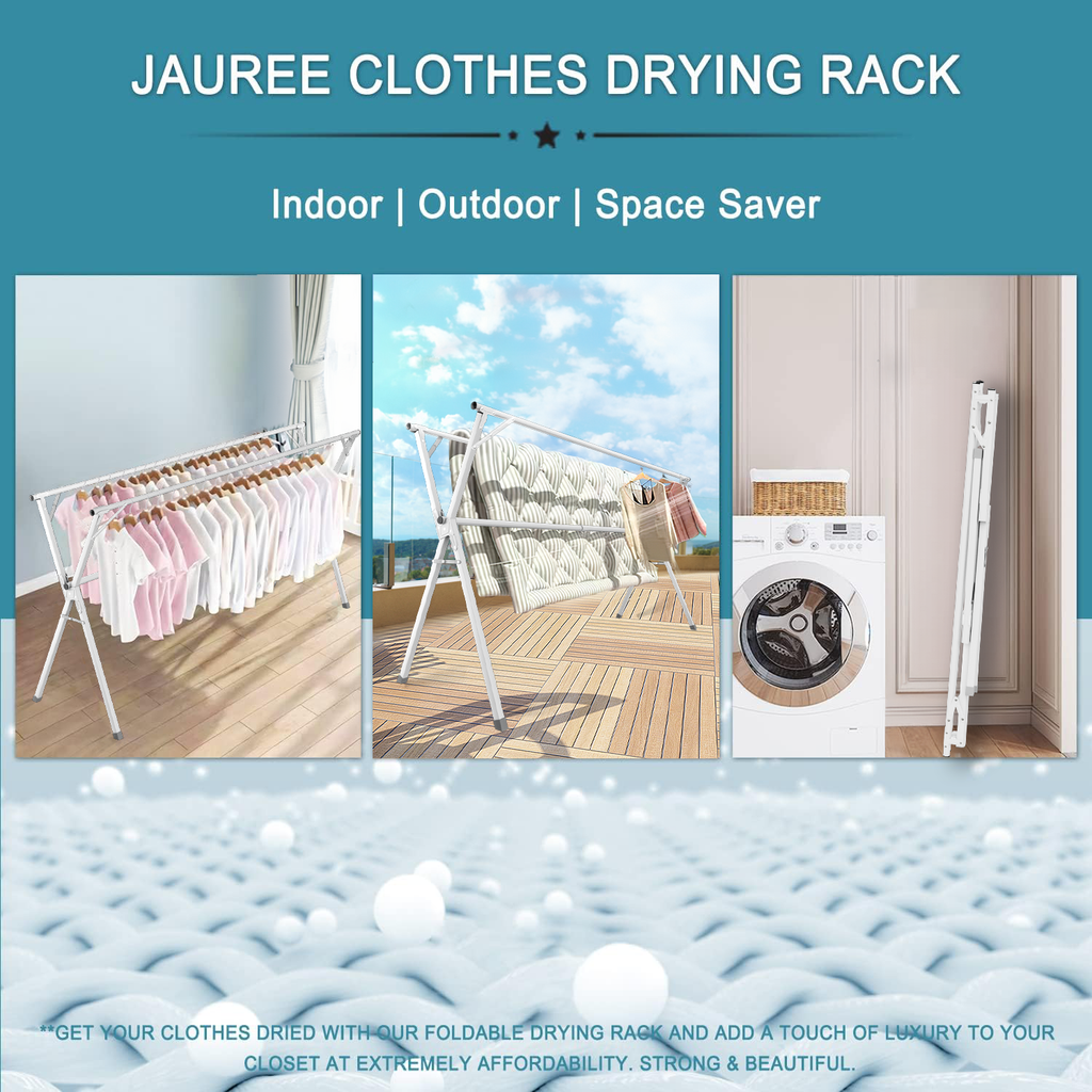 JAUREE 95 Inches Clothes Drying Rack, Drying Rack Clothing Folding Indoor Outdoor, Heavy Duty Stainless Steel Laundry Drying Rack, Foldable Portable Clothes Rack Garment Rack with 20 Hooks White
