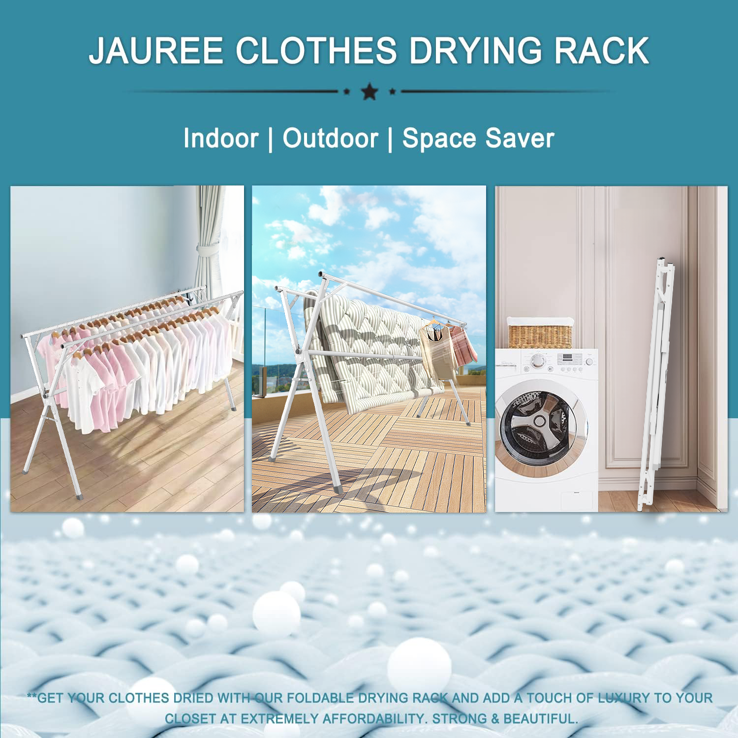 JAUREE 95 Inches Clothes Drying Rack, Drying Rack Clothing Folding Indoor Outdoor, Heavy Duty Stainless Steel Laundry Drying Rack, Foldable Portable Clothes Rack Garment Rack with 20 Hooks White