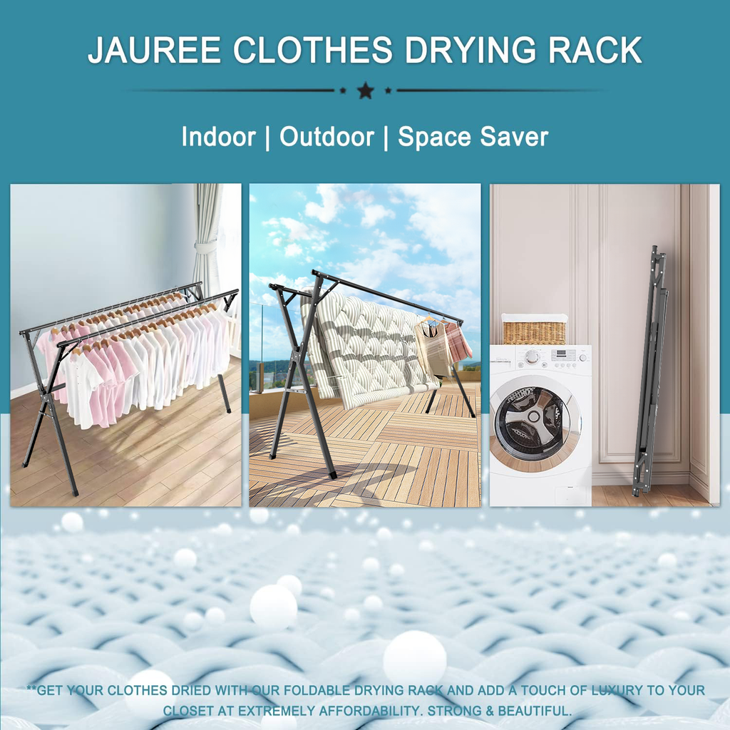 JAUREE 95 Inches Clothes Drying Rack, Drying Rack Clothing Folding Indoor Outdoor, Heavy Duty Stainless Steel Laundry Drying Rack, Foldable Portable Clothes Rack Garment Rack with 20 Hooks Black