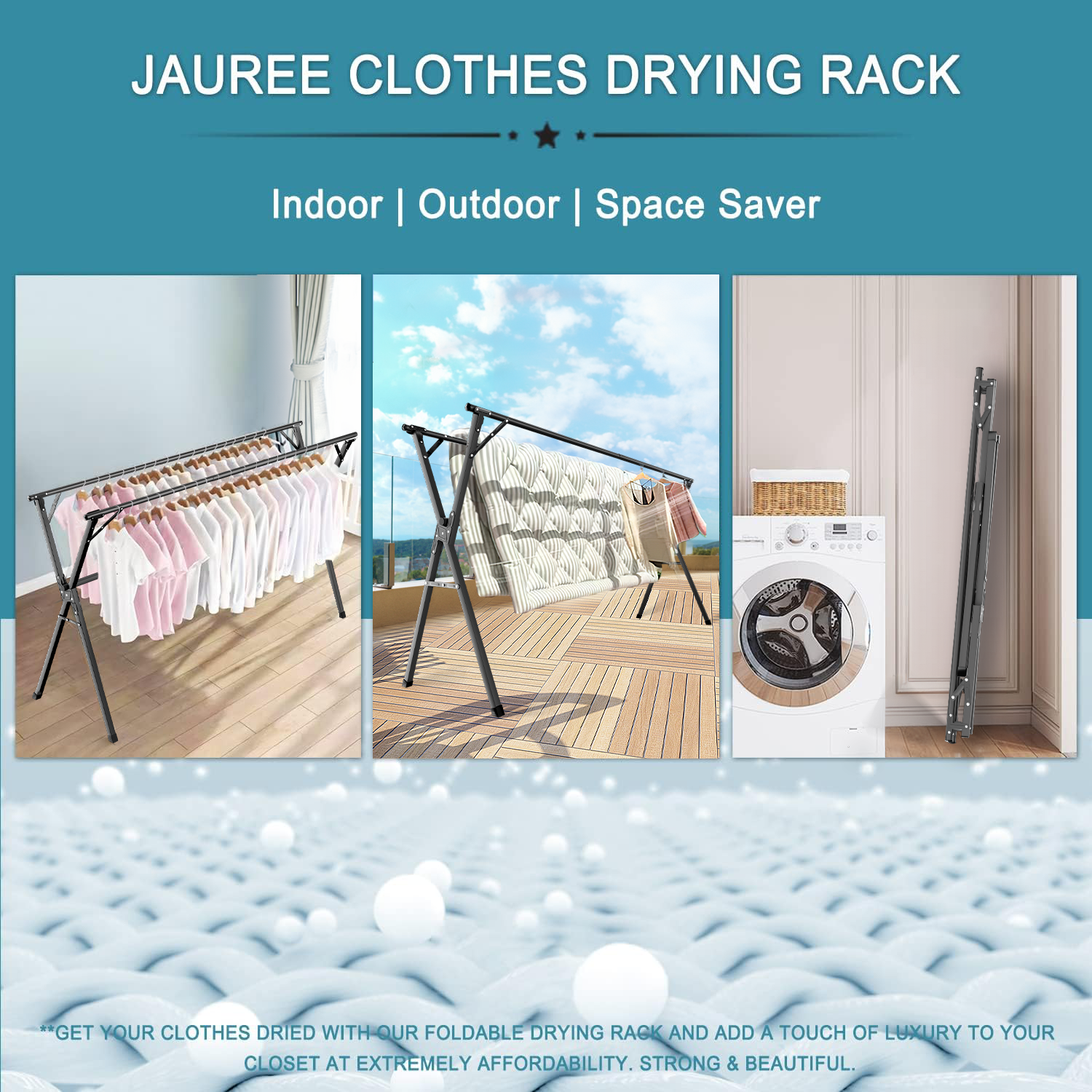 JAUREE 95 Inches Clothes Drying Rack, Drying Rack Clothing Folding Indoor Outdoor, Heavy Duty Stainless Steel Laundry Drying Rack, Foldable Portable Clothes Rack Garment Rack with 20 Hooks Black