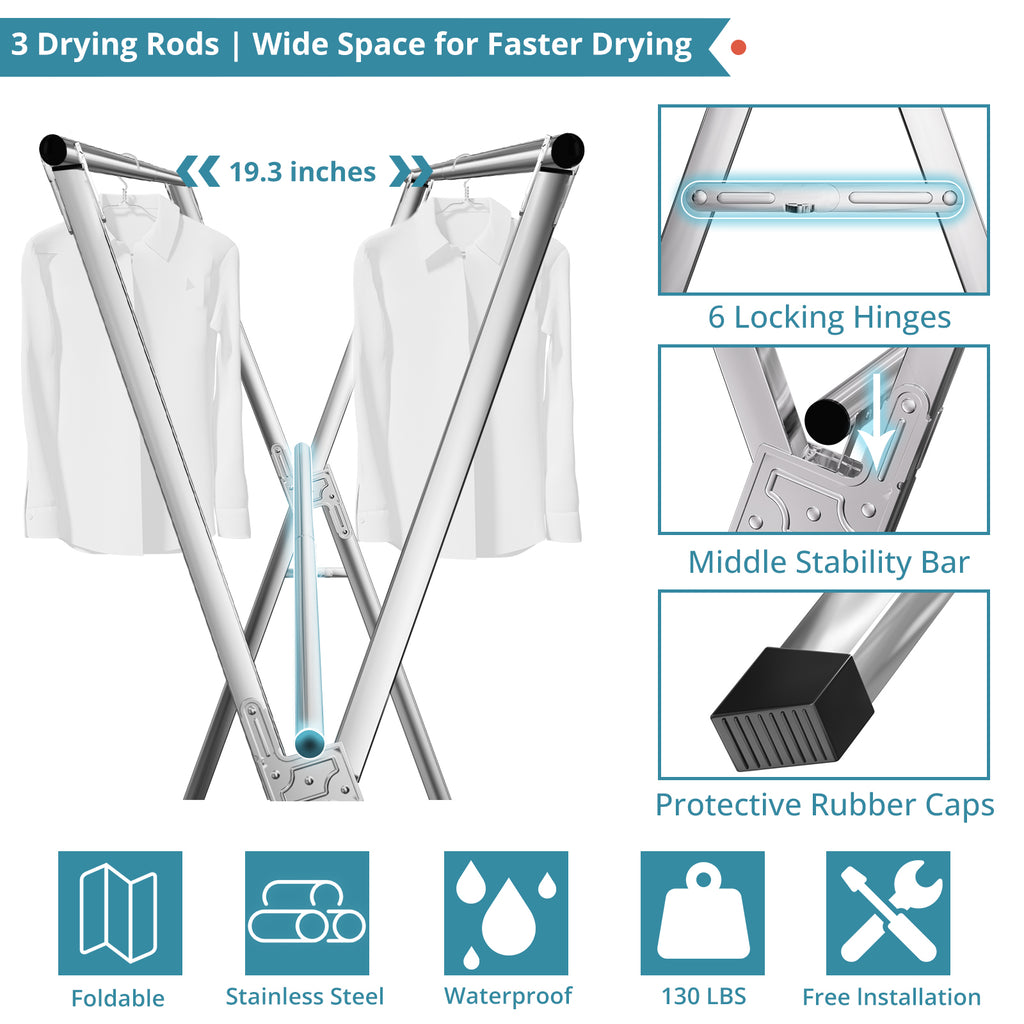 JAUREE 63 Inches Clothes Drying Rack, Drying Rack Clothing Folding Indoor Outdoor, Heavy Duty Stainless Steel Laundry Rack, Foldable Portable Large Clothes Rack Garment Rack with 20 Windproof Hooks