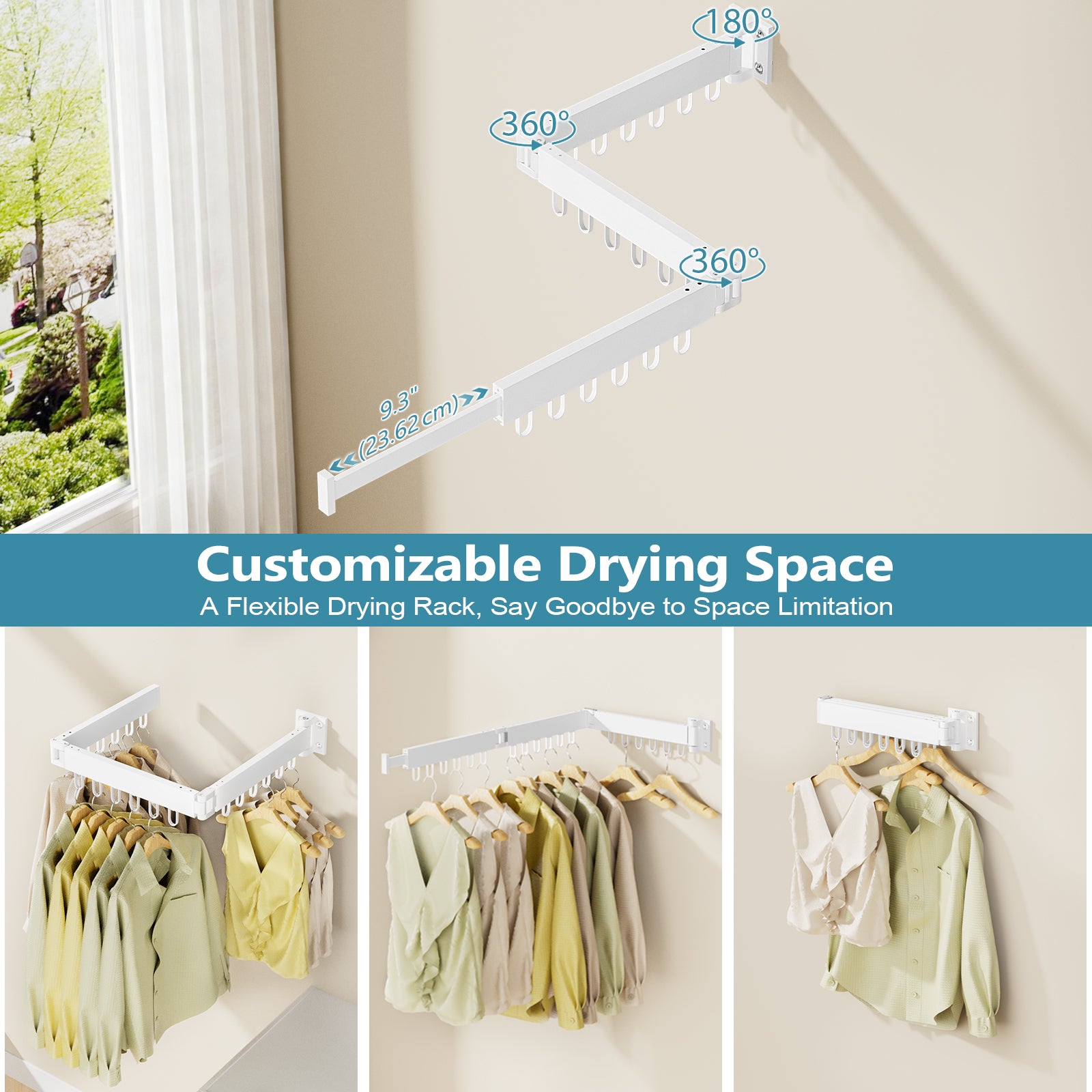 JAUREE Clothes Drying Rack Wall Mounted, Space-Saving Drying Rack Clothing, Collapsible Foldable Retractable Laundry Rack with 18 Hooks, Indoor/Outdoor, White