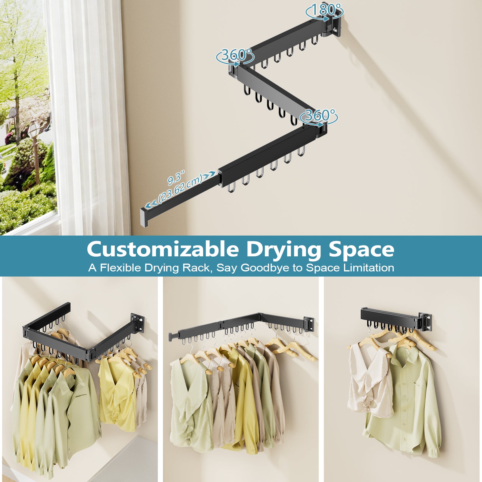 JAUREE Clothes Drying Rack Wall Mounted, Space-Saving Drying Rack Clothing, Collapsible Foldable Retractable Laundry Rack with 18 Hooks, Indoor/Outdoor, Black