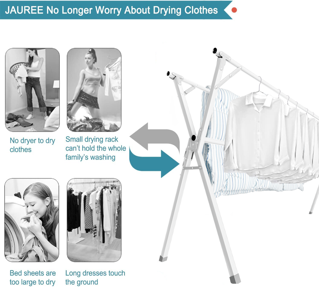 JAUREE 95 Inches Clothes Drying Rack, Drying Rack Clothing Folding Indoor Outdoor, Heavy Duty Stainless Steel Laundry Drying Rack, Foldable Portable Clothes Rack Garment Rack with 20 Hooks White