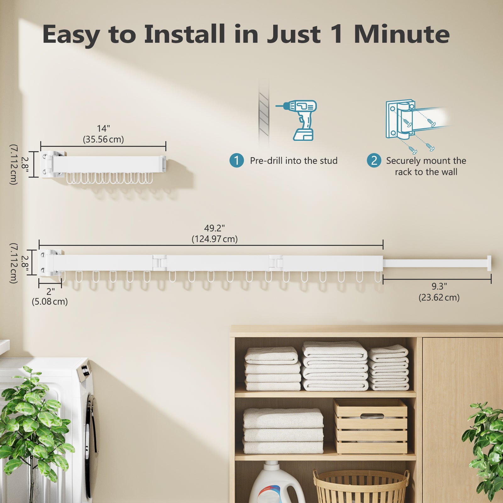 JAUREE Clothes Drying Rack Wall Mounted, Space-Saving Drying Rack Clothing, Collapsible Foldable Retractable Laundry Rack with 18 Hooks, Indoor/Outdoor, White