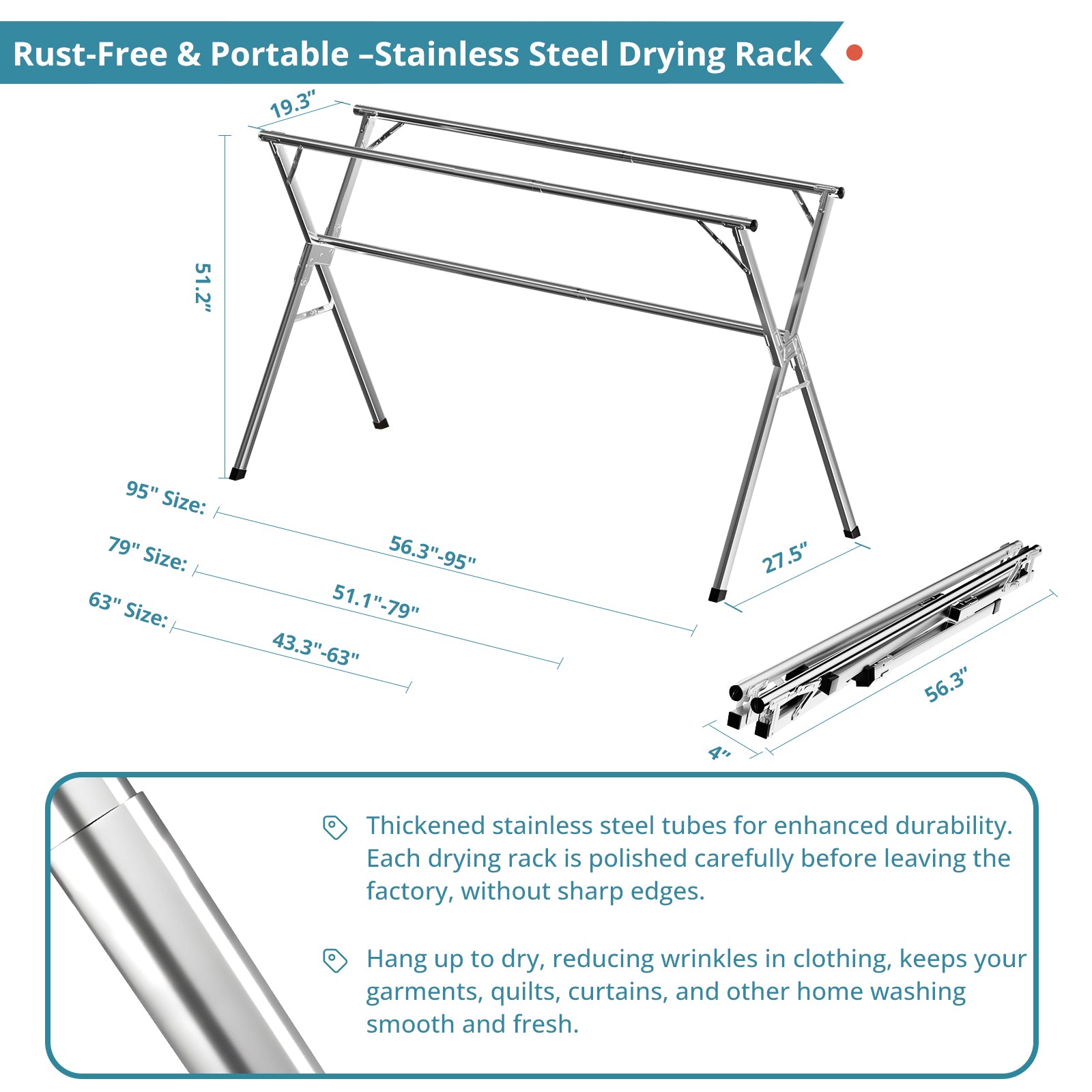 JAUREE 63 Inches Clothes Drying Rack, Drying Rack Clothing Folding Indoor Outdoor, Heavy Duty Stainless Steel Laundry Rack, Foldable Portable Large Clothes Rack Garment Rack with 20 Windproof Hooks