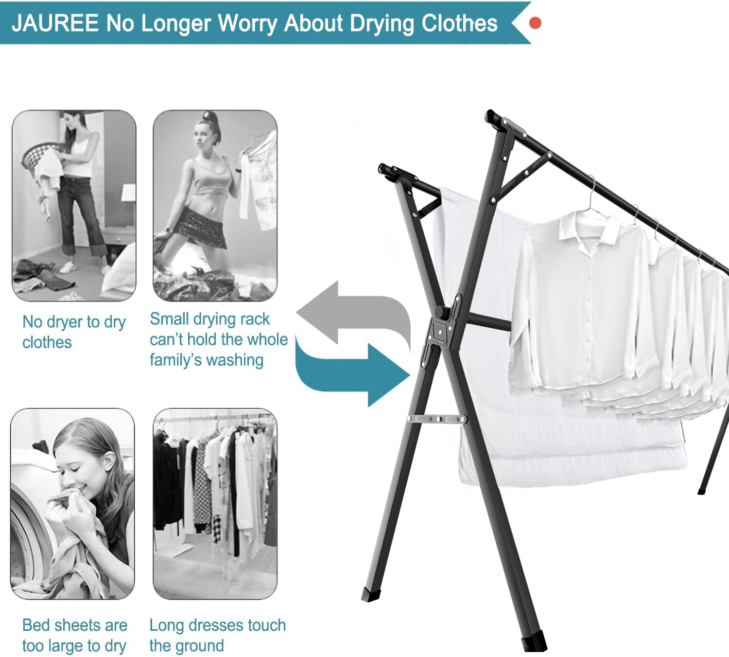 JAUREE 95 Inches Clothes Drying Rack, Drying Rack Clothing Folding Indoor Outdoor, Heavy Duty Stainless Steel Laundry Drying Rack, Foldable Portable Clothes Rack Garment Rack with 20 Hooks Black