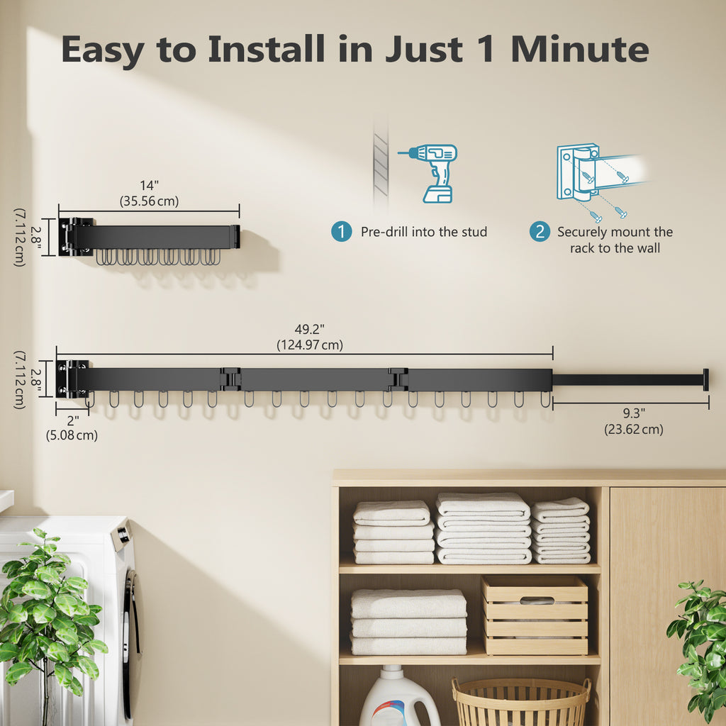 JAUREE Clothes Drying Rack Wall Mounted, Space-Saving Drying Rack Clothing, Collapsible Foldable Retractable Laundry Rack with 18 Hooks, Indoor/Outdoor, Black