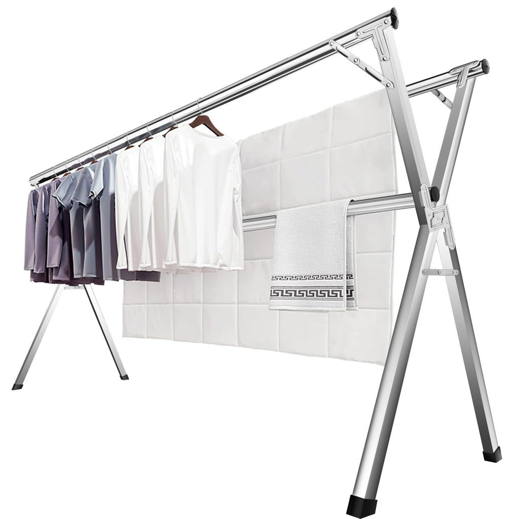 JAUREE 63 Inches Clothes Drying Rack, Drying Rack Clothing Folding Indoor Outdoor, Heavy Duty Stainless Steel Laundry Rack, Foldable Portable Large Clothes Rack Garment Rack with 20 Windproof Hooks